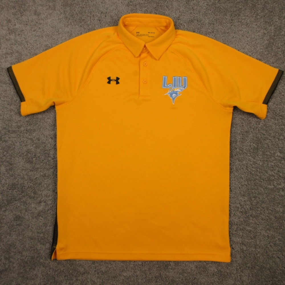 LIU Sharks Polo Shirt Mens Medium‎ Yellow Under Armour HeatGear Performance Golf